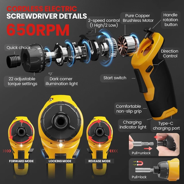 Alt view image 5 of 7 - UNIWA Cordless Electric Screwdriver Rechargeable-650 RPM Power Drill-Yellow | 38Pcs S2 Steel Bits, 21+1 Torque Settings, Max 7.1N.m, 3.6V Small Drill Cordless LED Light, 2000mAh, 2 Pivoting Handle