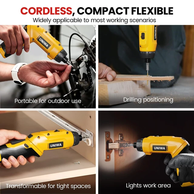 Alt view image 6 of 7 - UNIWA Cordless Electric Screwdriver Rechargeable-650 RPM Power Drill-Yellow | 38Pcs S2 Steel Bits, 21+1 Torque Settings, Max 7.1N.m, 3.6V Small Drill Cordless LED Light, 2000mAh, 2 Pivoting Handle