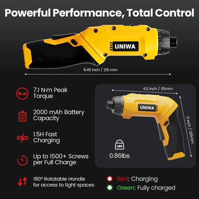 Alt view image 7 of 7 - UNIWA Cordless Electric Screwdriver Rechargeable-650 RPM Power Drill-Yellow | 38Pcs S2 Steel Bits, 21+1 Torque Settings, Max 7.1N.m, 3.6V Small Drill Cordless LED Light, 2000mAh, 2 Pivoting Handle
