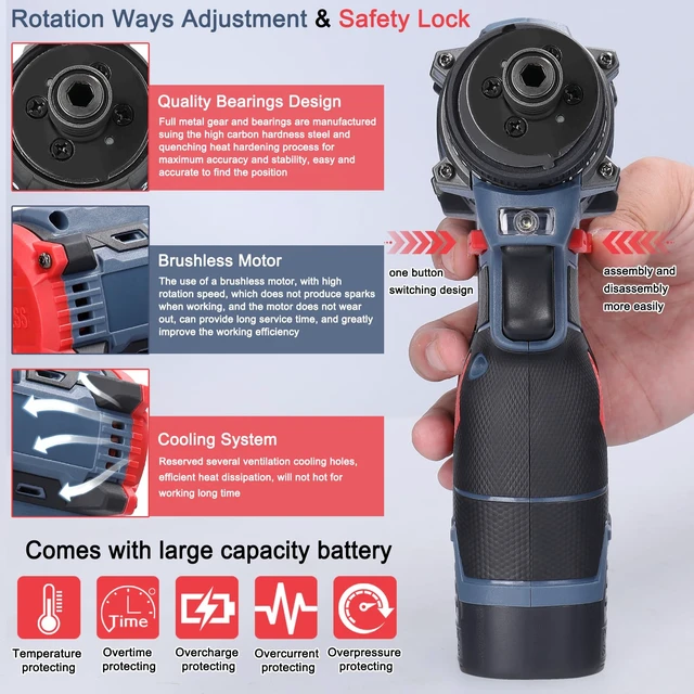 Alt view image 4 of 7 - Dioche Electric Screwdriver 16.8V Multi Function Brushless Cordless Impact Screwdriver (2pcs Batteries US Plug)