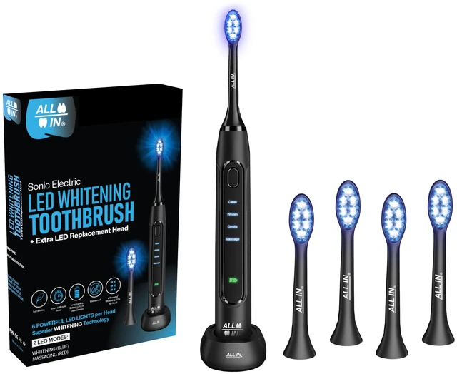 Main image of ALL IN Sonic Electric Toothbrush for Adults and Replacement Heads - Complete Toothbrush Kit - Blue + Red LED Light, 4 Modes, Soft Bristles, 2-Minute Timer, Rechargeable, Waterproof, BPA Free