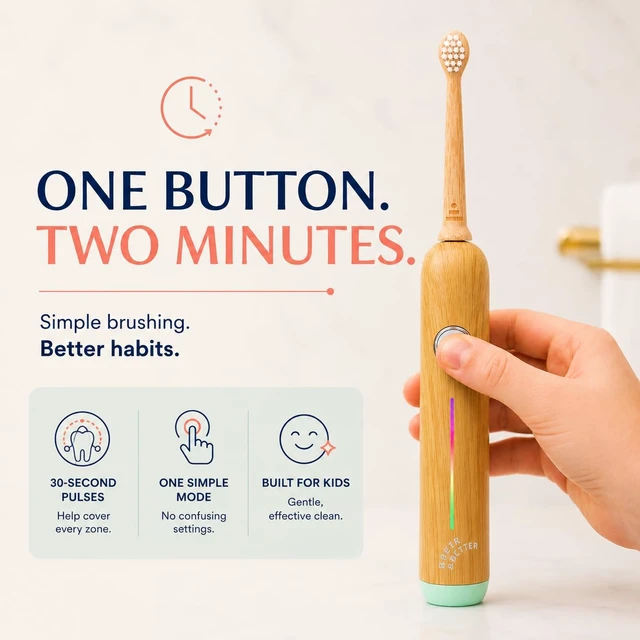 Alt view image 4 of 7 - Better & Better Kids Bamboo Sonic Electric Toothbrush | Non-Toxic, Extra Soft Plant-Based Bristles | 28,000 VPM, 2-Min Timer, Ages 4+, USB Rechargeable, Mint Green