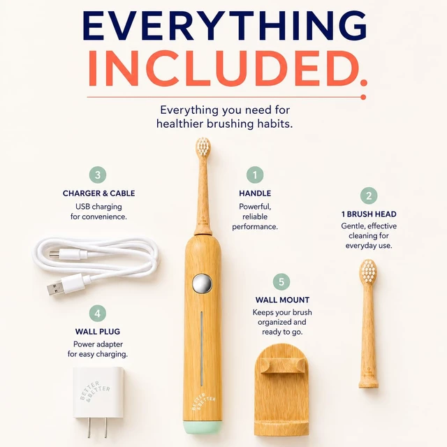 Alt view image 7 of 7 - Better & Better Kids Bamboo Sonic Electric Toothbrush | Non-Toxic, Extra Soft Plant-Based Bristles | 28,000 VPM, 2-Min Timer, Ages 4+, USB Rechargeable, Mint Green