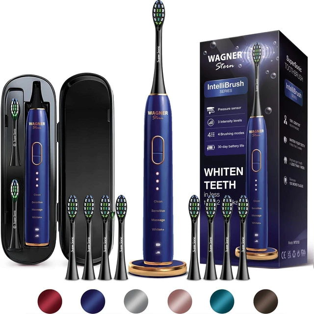 Main image of Wagner Stern IntelliBrush Series Whitening Electric Toothbrush with Pressure Sensor. Offers 4 Brushing Modes, 3 intensities, 8 Soft Brush Heads, and a Luxury Travel case.