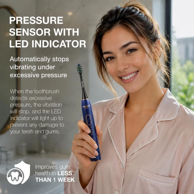 Alt view image 2 of 6 - Wagner Stern IntelliBrush Series Whitening Electric Toothbrush with Pressure Sensor. Offers 4 Brushing Modes, 3 intensities, 8 Soft Brush Heads, and a Luxury Travel case.
