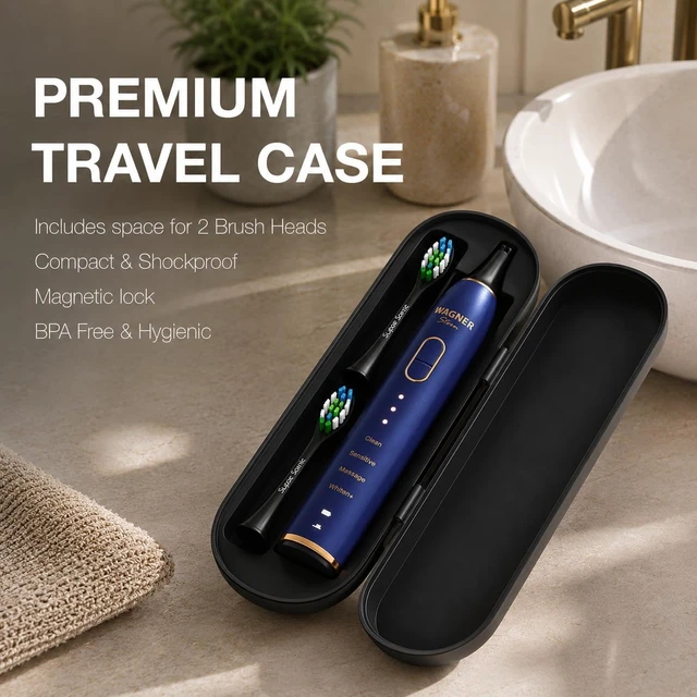 Alt view image 4 of 6 - Wagner Stern IntelliBrush Series Whitening Electric Toothbrush with Pressure Sensor. Offers 4 Brushing Modes, 3 intensities, 8 Soft Brush Heads, and a Luxury Travel case.
