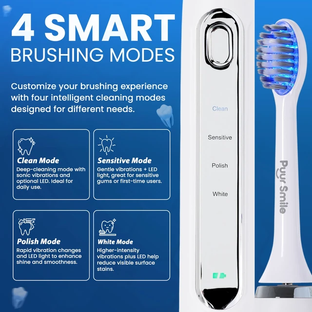 Alt view image 2 of 7 - Soft Bristle Electric Toothbrush, Rechargeable with Wireless Charging by Puur Smile - 2 (Blue led) Brush Heads for Adults | 4 Cleaning Modes with Smart Timer, IPX7 Waterproof, Long-Lasting Battery