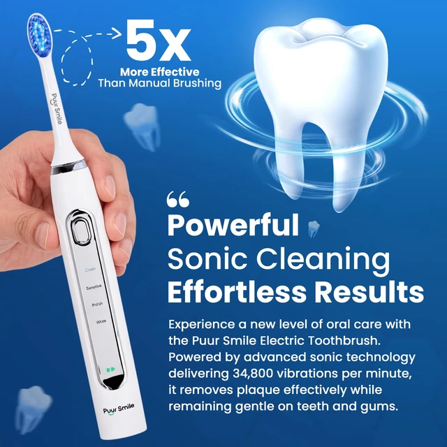 Alt view image 3 of 7 - Soft Bristle Electric Toothbrush, Rechargeable with Wireless Charging by Puur Smile - 2 (Blue led) Brush Heads for Adults | 4 Cleaning Modes with Smart Timer, IPX7 Waterproof, Long-Lasting Battery