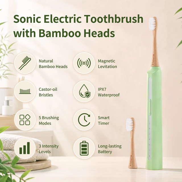 Alt view image 3 of 7 - Sonic Electric Toothbrush with Bamboo Heads, Castor Oil Bristles, Green | Bamboo Electric Toothbrush, 5 Modes&3 Intensities, Smart Timer, 40000 VPM, IPX7 Waterproof, 45-Day Battery Life