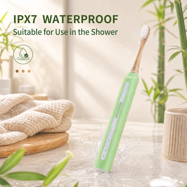 Alt view image 5 of 7 - Sonic Electric Toothbrush with Bamboo Heads, Castor Oil Bristles, Green | Bamboo Electric Toothbrush, 5 Modes&3 Intensities, Smart Timer, 40000 VPM, IPX7 Waterproof, 45-Day Battery Life