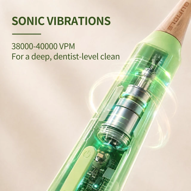 Alt view image 6 of 7 - Sonic Electric Toothbrush with Bamboo Heads, Castor Oil Bristles, Green | Bamboo Electric Toothbrush, 5 Modes&3 Intensities, Smart Timer, 40000 VPM, IPX7 Waterproof, 45-Day Battery Life