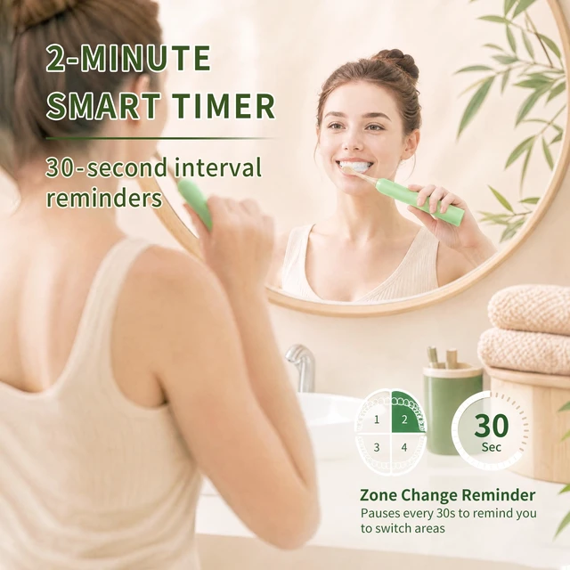 Alt view image 7 of 7 - Sonic Electric Toothbrush with Bamboo Heads, Castor Oil Bristles, Green | Bamboo Electric Toothbrush, 5 Modes&3 Intensities, Smart Timer, 40000 VPM, IPX7 Waterproof, 45-Day Battery Life