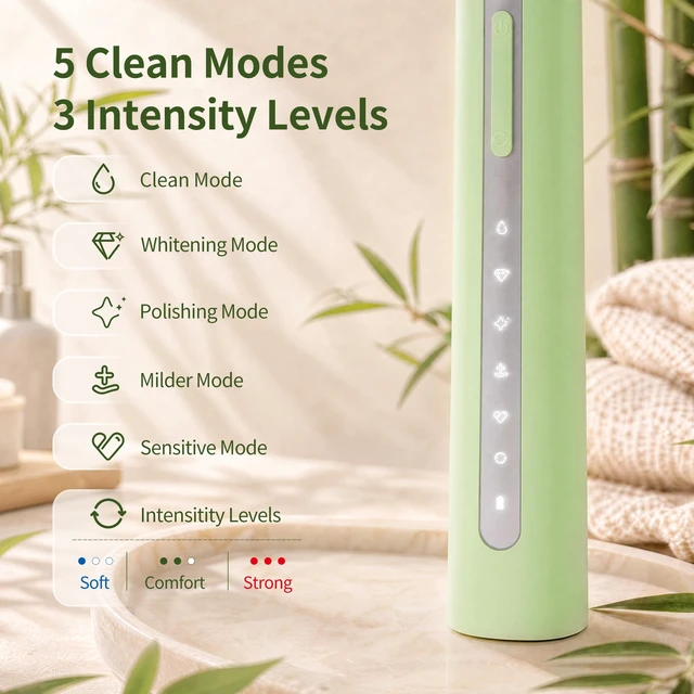 Alt view image 4 of 7 - Sonic Electric Toothbrush with Bamboo Heads, Castor Oil Bristles, Green | Bamboo Electric Toothbrush, 5 Modes&3 Intensities, Smart Timer, 40000 VPM, IPX7 Waterproof, 45-Day Battery Life