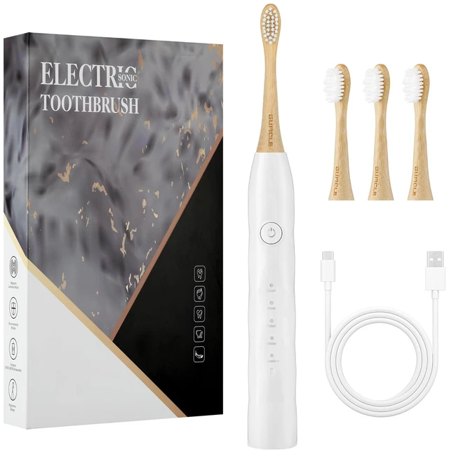 Main image of GUFICLE Sonic Electric Toothbrush with Bamboo Heads | Bamboo Electric Toothbrush, Soft Castor Oil Bristles, 5 Modes, Smart Timer, IPX7 Waterproof, 60-Day Battery Life-White
