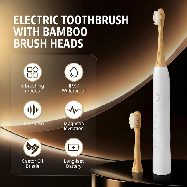 Alt view image 2 of 7 - GUFICLE Sonic Electric Toothbrush with Bamboo Heads | Bamboo Electric Toothbrush, Soft Castor Oil Bristles, 5 Modes, Smart Timer, IPX7 Waterproof, 60-Day Battery Life-White