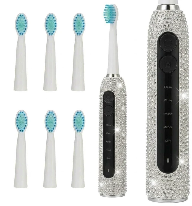 Main image of Veseek Diamond Sonic Electric Toothbrush Bling Rechargeable Toothbrushes for Adults with 6 Brush Heads Vibrating Toothbrush-5 Modes, USB-C Fast Charge,2Min Smart Timer,IPX7 Waterproof(White)