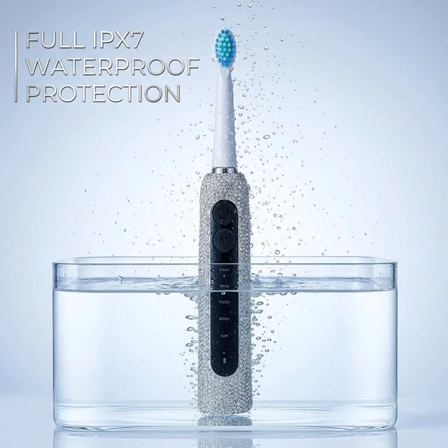 Alt view image 3 of 7 - Veseek Diamond Sonic Electric Toothbrush Bling Rechargeable Toothbrushes for Adults with 6 Brush Heads Vibrating Toothbrush-5 Modes, USB-C Fast Charge,2Min Smart Timer,IPX7 Waterproof(White)