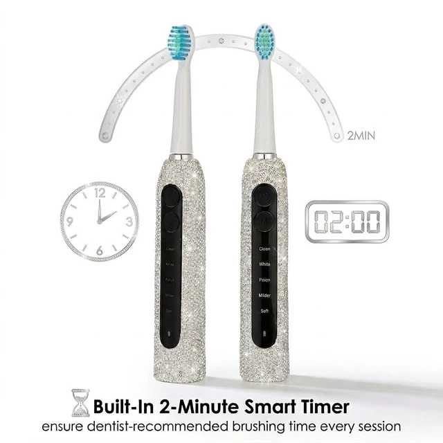 Alt view image 5 of 7 - Veseek Diamond Sonic Electric Toothbrush Bling Rechargeable Toothbrushes for Adults with 6 Brush Heads Vibrating Toothbrush-5 Modes, USB-C Fast Charge,2Min Smart Timer,IPX7 Waterproof(White)