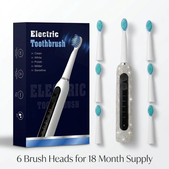 Alt view image 7 of 7 - Veseek Diamond Sonic Electric Toothbrush Bling Rechargeable Toothbrushes for Adults with 6 Brush Heads Vibrating Toothbrush-5 Modes, USB-C Fast Charge,2Min Smart Timer,IPX7 Waterproof(White)