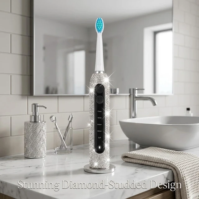 Alt view image 6 of 7 - Veseek Diamond Sonic Electric Toothbrush Bling Rechargeable Toothbrushes for Adults with 6 Brush Heads Vibrating Toothbrush-5 Modes, USB-C Fast Charge,2Min Smart Timer,IPX7 Waterproof(White)