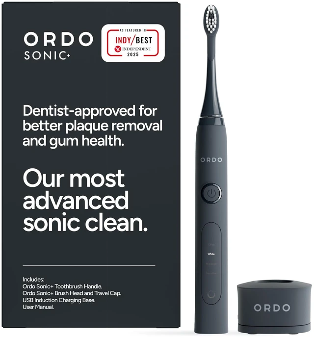Main image of ORDO Sonic+ Electric Toothbrush for Adults, 4 Modes, Charcoal Grey | Rechargeable sonic electric toothbrush, 4+ weeks battery life, USB charger, teeth whitening, plaque removal