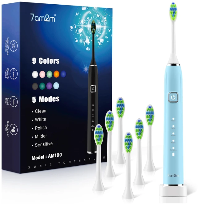 Main image of 7AM2M Sonic Electric Toothbrush for Adults & Kids, One Charge for 120 Days | Wireless Fast Charge, 6 Brush Heads&5 Modes, 40000VPM Rechargeable Toothbrush, Smart Timer, IPX7 Waterproof, Light Blue