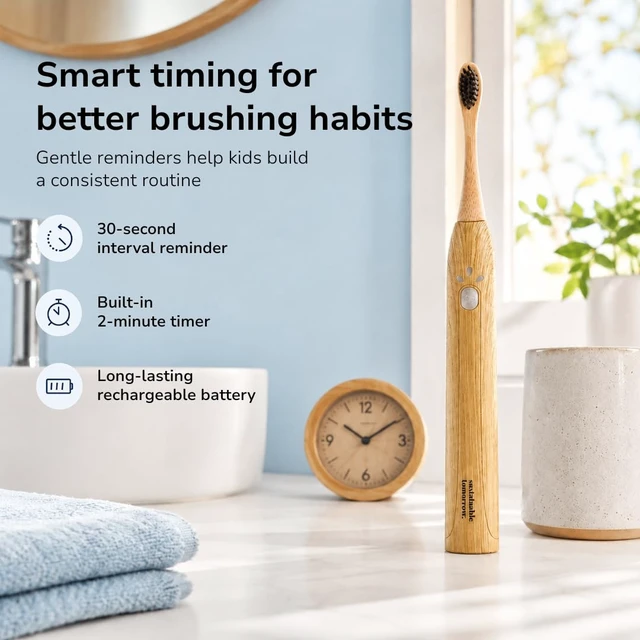 Alt view image 4 of 7 - Sustainable Tomorrow Junior Bamboo Electric Toothbrush for Kids Ages 3+ Gentle Vibrating Toothbrush with Soft Bristles | 2-Minute Timer | Ergonomic Handle | Eco-Friendly, Plastic-Reduced Design