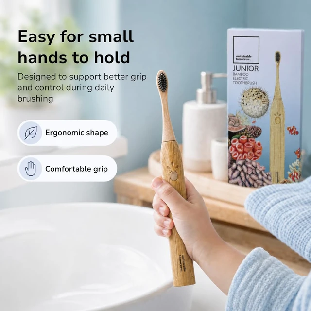 Alt view image 3 of 7 - Sustainable Tomorrow Junior Bamboo Electric Toothbrush for Kids Ages 3+ Gentle Vibrating Toothbrush with Soft Bristles | 2-Minute Timer | Ergonomic Handle | Eco-Friendly, Plastic-Reduced Design