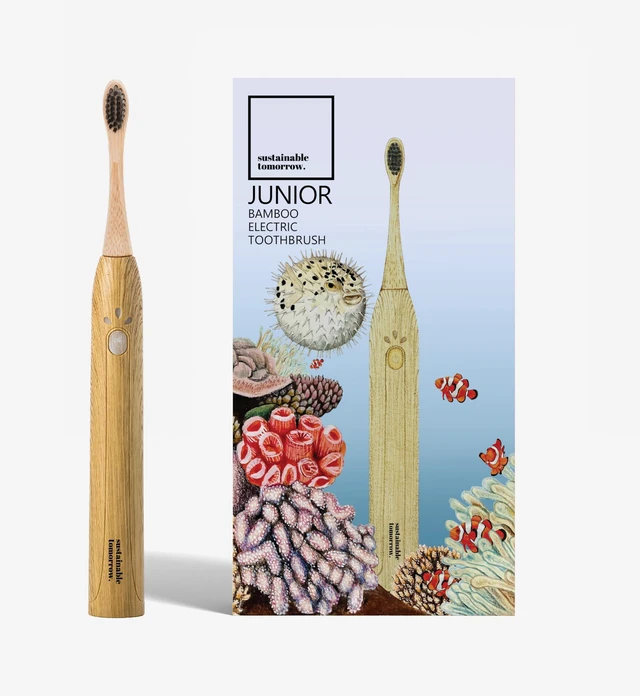 Main image of Sustainable Tomorrow Junior Bamboo Electric Toothbrush for Kids Ages 3+ Gentle Vibrating Toothbrush with Soft Bristles | 2-Minute Timer | Ergonomic Handle | Eco-Friendly, Plastic-Reduced Design