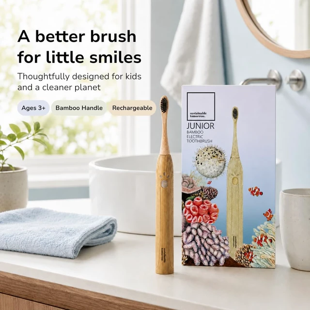 Alt view image 2 of 7 - Sustainable Tomorrow Junior Bamboo Electric Toothbrush for Kids Ages 3+ Gentle Vibrating Toothbrush with Soft Bristles | 2-Minute Timer | Ergonomic Handle | Eco-Friendly, Plastic-Reduced Design