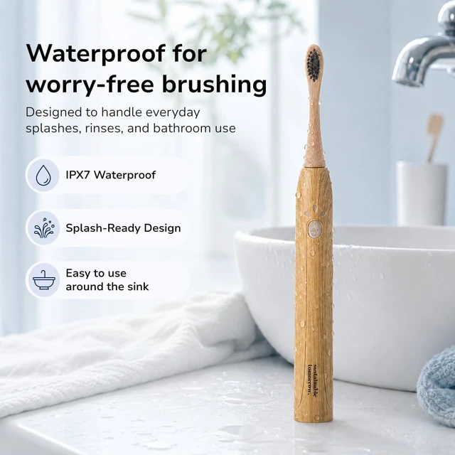 Alt view image 7 of 7 - Sustainable Tomorrow Junior Bamboo Electric Toothbrush for Kids Ages 3+ Gentle Vibrating Toothbrush with Soft Bristles | 2-Minute Timer | Ergonomic Handle | Eco-Friendly, Plastic-Reduced Design