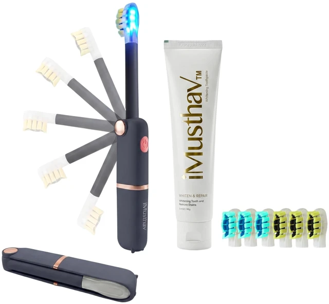 Main image of iMusthav Sonic Electric Toothbrush for Adults, Foldable Travel Toothbrush | Battery Operated, Blue LED Light, Whitening Toothpaste, 3 Modes with Smart Timer, 6 Replacement Brush Heads