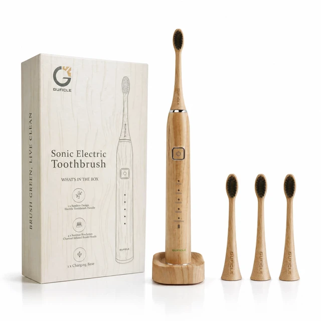 Main image of Sonic Electric Toothbrush with Bamboo Heads, Charcoal Infused Bristles | Bamboo Electric Toothbrush, Smart Timer, 38000 VPM, 4 Replacement Heads, 5 Modes, IPX7 Waterproof, 80-Day Battery Life