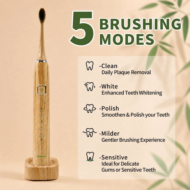 Alt view image 4 of 7 - Sonic Electric Toothbrush with Bamboo Heads, Charcoal Infused Bristles | Bamboo Electric Toothbrush, Smart Timer, 38000 VPM, 4 Replacement Heads, 5 Modes, IPX7 Waterproof, 80-Day Battery Life