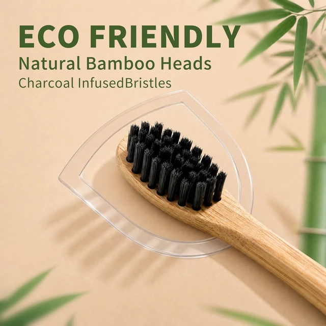 Alt view image 2 of 7 - Sonic Electric Toothbrush with Bamboo Heads, Charcoal Infused Bristles | Bamboo Electric Toothbrush, Smart Timer, 38000 VPM, 4 Replacement Heads, 5 Modes, IPX7 Waterproof, 80-Day Battery Life