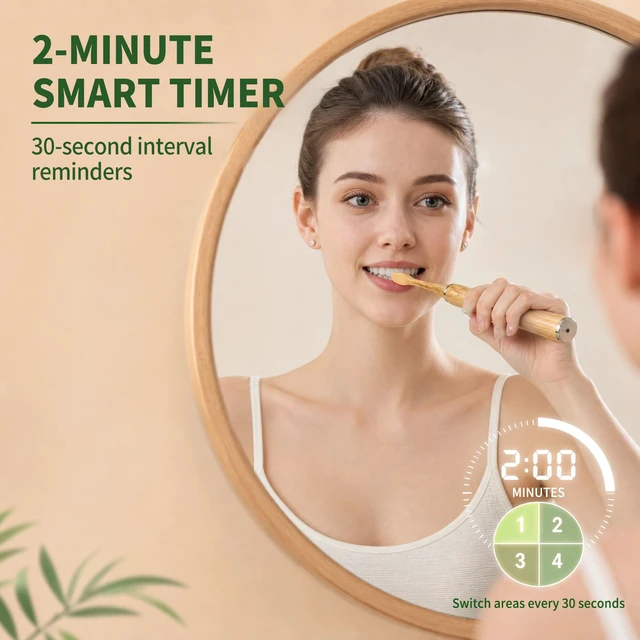 Alt view image 5 of 7 - Sonic Electric Toothbrush with Bamboo Heads, Charcoal Infused Bristles | Bamboo Electric Toothbrush, Smart Timer, 38000 VPM, 4 Replacement Heads, 5 Modes, IPX7 Waterproof, 80-Day Battery Life
