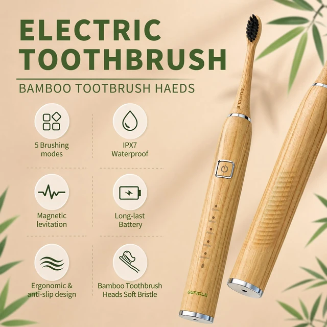 Alt view image 3 of 7 - Sonic Electric Toothbrush with Bamboo Heads, Charcoal Infused Bristles | Bamboo Electric Toothbrush, Smart Timer, 38000 VPM, 4 Replacement Heads, 5 Modes, IPX7 Waterproof, 80-Day Battery Life