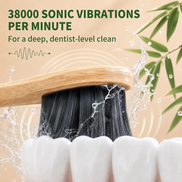 Alt view image 6 of 7 - Sonic Electric Toothbrush with Bamboo Heads, Charcoal Infused Bristles | Bamboo Electric Toothbrush, Smart Timer, 38000 VPM, 4 Replacement Heads, 5 Modes, IPX7 Waterproof, 80-Day Battery Life