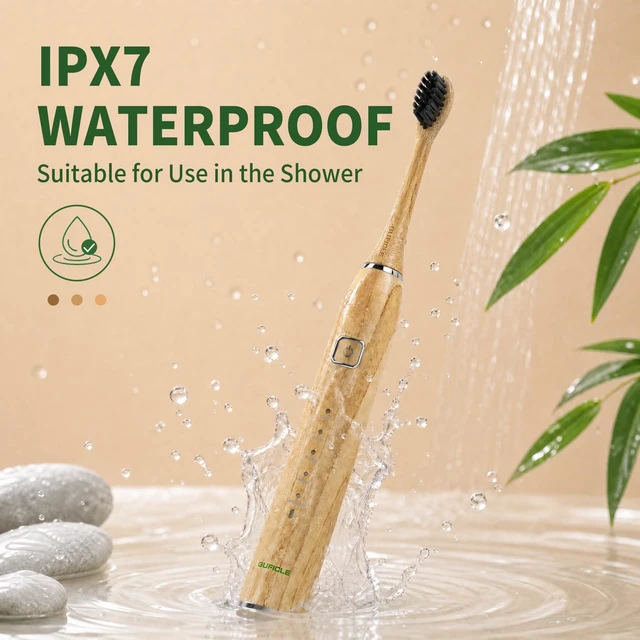 Alt view image 7 of 7 - Sonic Electric Toothbrush with Bamboo Heads, Charcoal Infused Bristles | Bamboo Electric Toothbrush, Smart Timer, 38000 VPM, 4 Replacement Heads, 5 Modes, IPX7 Waterproof, 80-Day Battery Life