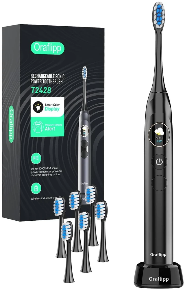 Main image of Oralflipp Sonic Electric Toothbrush - Smart LED Display & Visual Pressure Sensor, 40,000 VPM Power Toothbrush with 5 Modes, 6 Brush Heads & Inductive Charging Base, 6 Brush Heads,Black