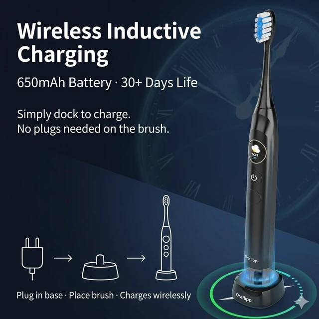 Alt view image 4 of 7 - Oralflipp Sonic Electric Toothbrush - Smart LED Display & Visual Pressure Sensor, 40,000 VPM Power Toothbrush with 5 Modes, 6 Brush Heads & Inductive Charging Base, 6 Brush Heads,Black