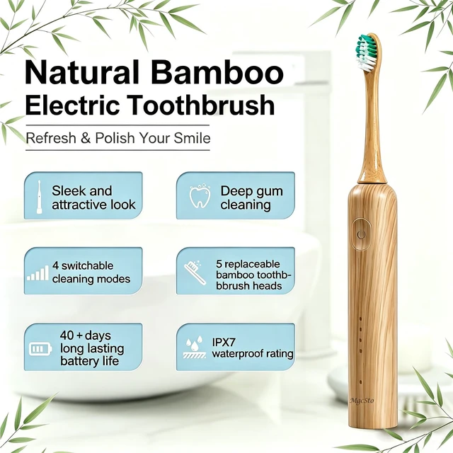Alt view image 2 of 7 - MgcSto Oscillating Sonic Electric Toothbrush with 5 Pack Bamboo Brush Heads | Type-C Rechargeable, IPX7 Waterproof, 4 Cleaning Modes Eco-Friendly Bamboo Sonic Toothbrush for Adults, Travel