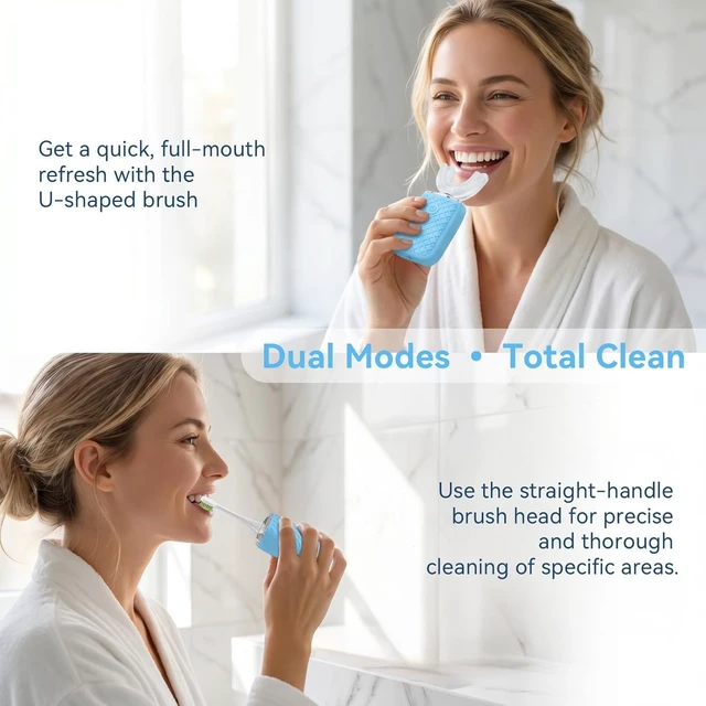 Alt view image 2 of 7 - Sonic U-Shaped Electric Toothbrush for Adults, 5 Brush Heads & Storage Cup | 3 U-shaped + 2 straight brush heads with storage cup for daily cleaning and travel; rechargeable and IPX7 waterproof.