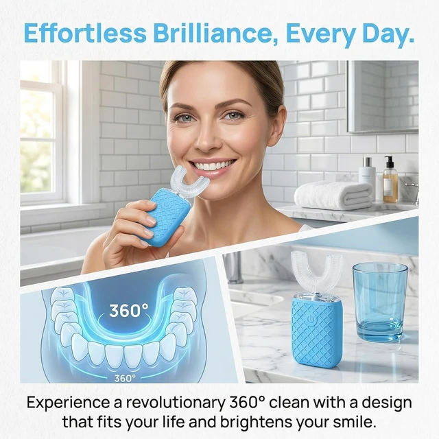 Alt view image 3 of 7 - Sonic U-Shaped Electric Toothbrush for Adults, 5 Brush Heads & Storage Cup | 3 U-shaped + 2 straight brush heads with storage cup for daily cleaning and travel; rechargeable and IPX7 waterproof.