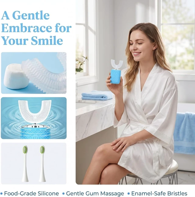 Alt view image 4 of 7 - Sonic U-Shaped Electric Toothbrush for Adults, 5 Brush Heads & Storage Cup | 3 U-shaped + 2 straight brush heads with storage cup for daily cleaning and travel; rechargeable and IPX7 waterproof.