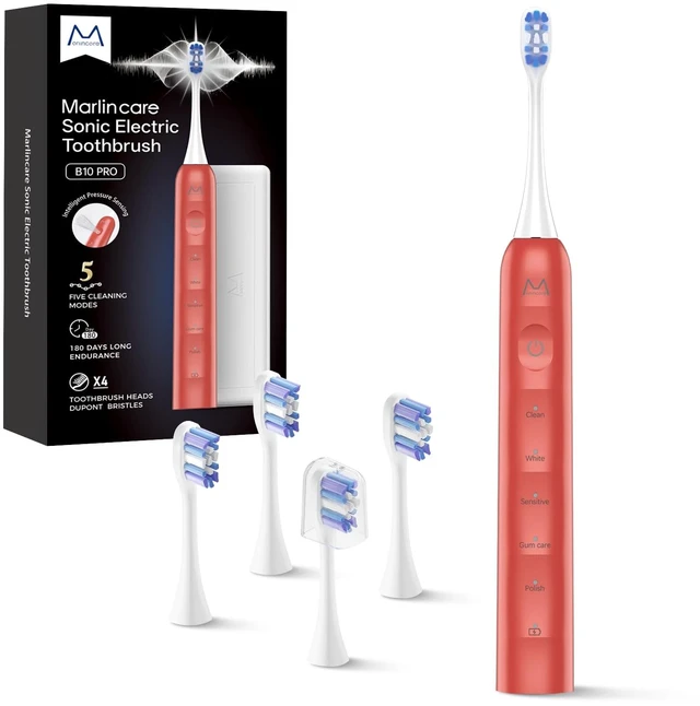 Main image of Marlincare Electric Toothbrush for Adults, 180 Days Battery Life, Orange | 48000VPM Rechargeable Sonic Toothbrush, 5 Modes, Smart Timer, IPX8 Waterproof, 4 Brush Heads and Travel Case