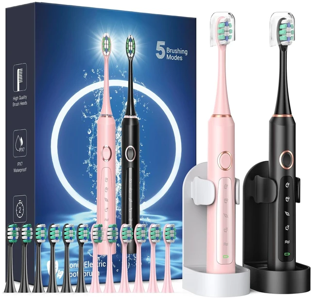 Main image of Rtauys 2 Pack Electric Toothbrush for Adults - 2 Rechargeable Electric Toothbrushes with 12 Brush Heads & 2 Travel Case, Power Electric Toothbrush with Holder, 3 Hrs Charge for 120 Days - Black+Pink