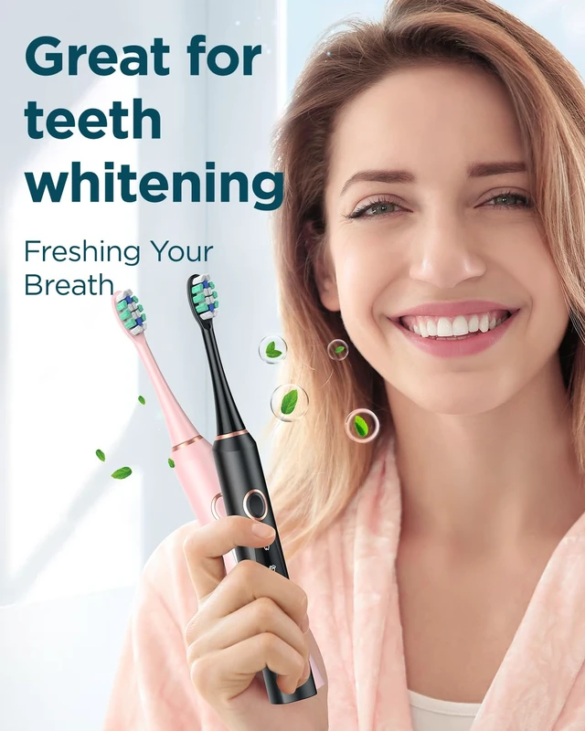 Alt view image 3 of 7 - Rtauys 2 Pack Electric Toothbrush for Adults - 2 Rechargeable Electric Toothbrushes with 12 Brush Heads & 2 Travel Case, Power Electric Toothbrush with Holder, 3 Hrs Charge for 120 Days - Black+Pink