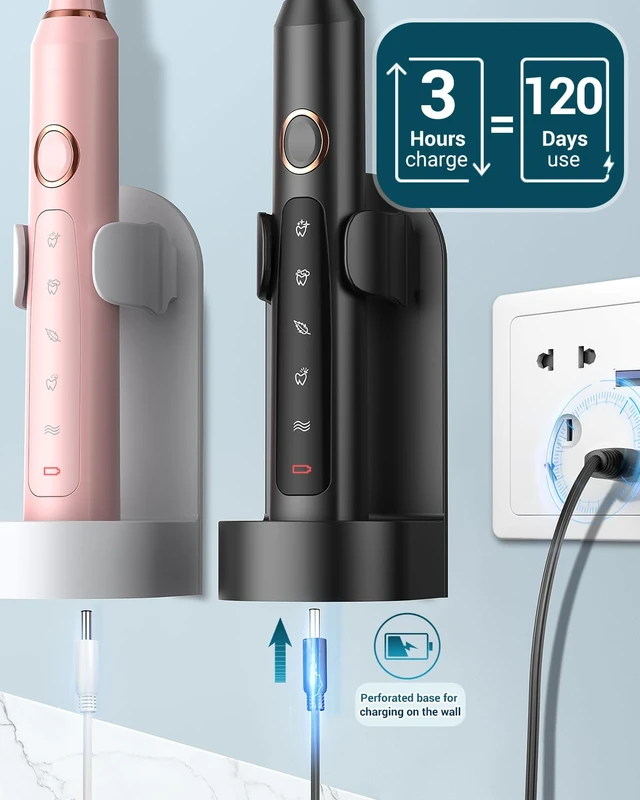 Alt view image 6 of 7 - Rtauys 2 Pack Electric Toothbrush for Adults - 2 Rechargeable Electric Toothbrushes with 12 Brush Heads & 2 Travel Case, Power Electric Toothbrush with Holder, 3 Hrs Charge for 120 Days - Black+Pink