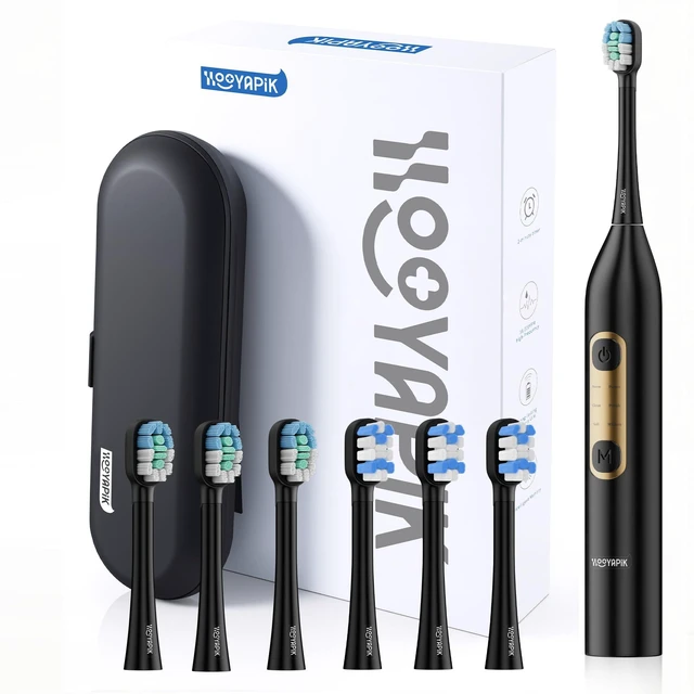 Main image of Hooyapik Sonic Electric Toothbrush, 40,000 VPM, 6 Modes, White, with 6 Brush Heads and Travel Case (Black)